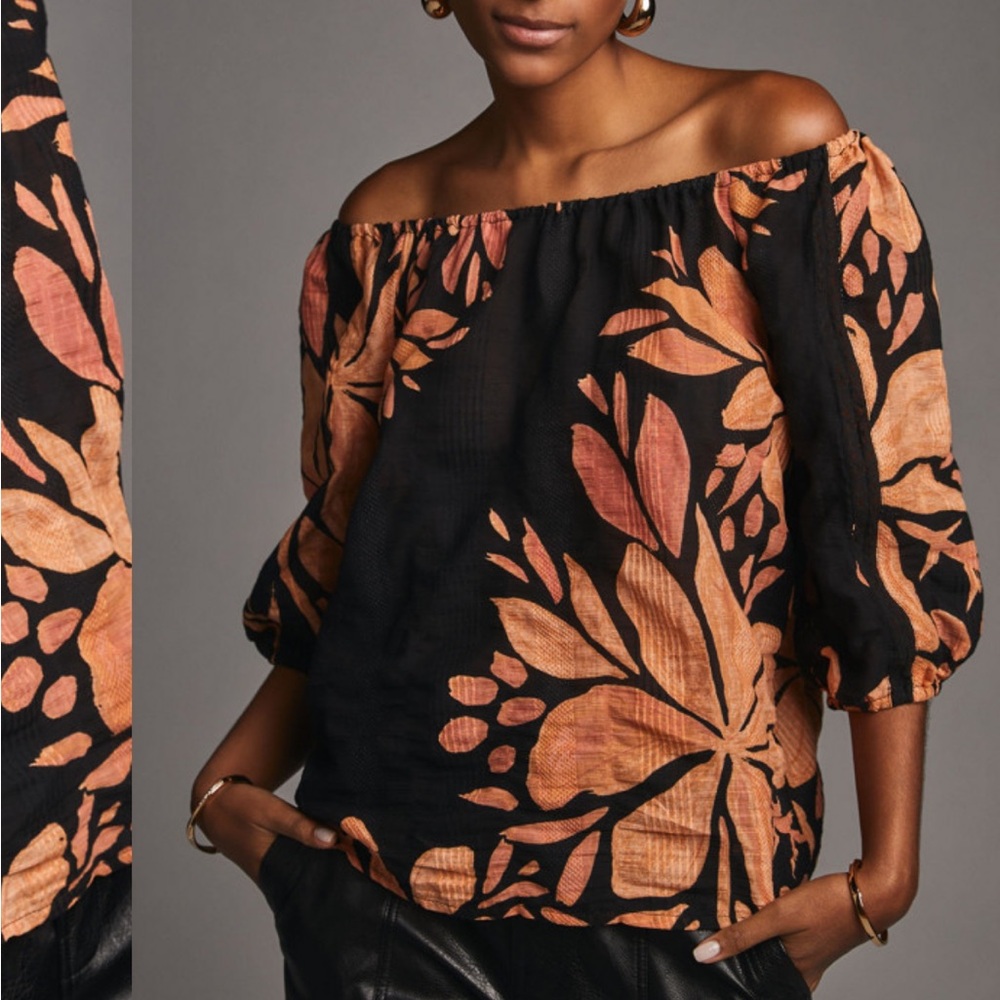 Anthropologie Orange and Black Relaxed Off The Shoulder Puffed Sleeve Blouse - Picture 3 of 11